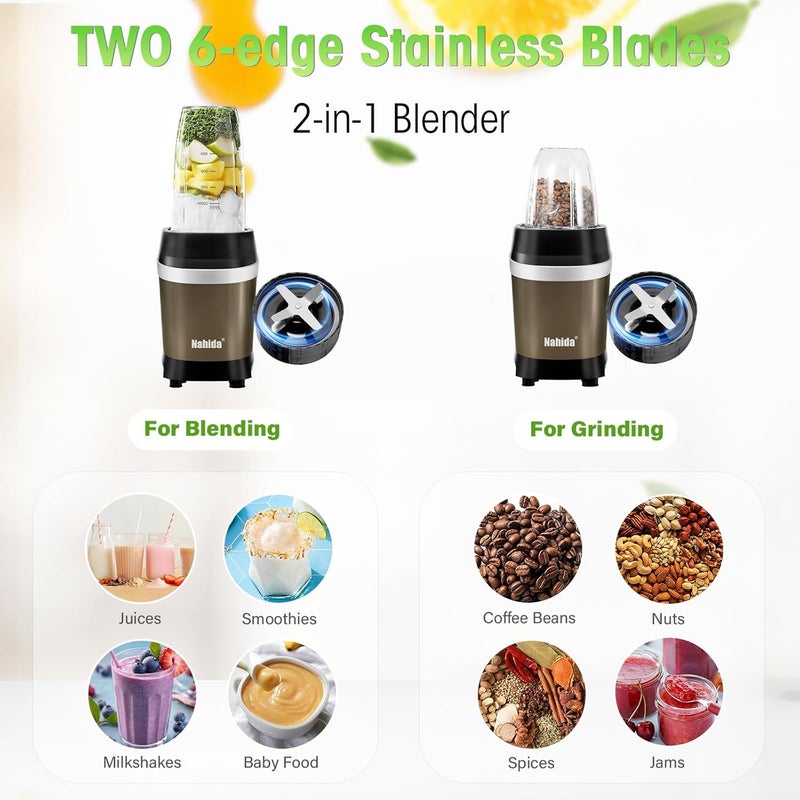 Nahida Blender for Smoothies, 1200W Smoothie Blender for Ices Crushing, Blenders with (2) 6-Fin Blades, Personal Blenders for Kitchen with 23oz, 32oz, 37oz Easy Go Cups for Juices, 1200W, Brown - Image 3